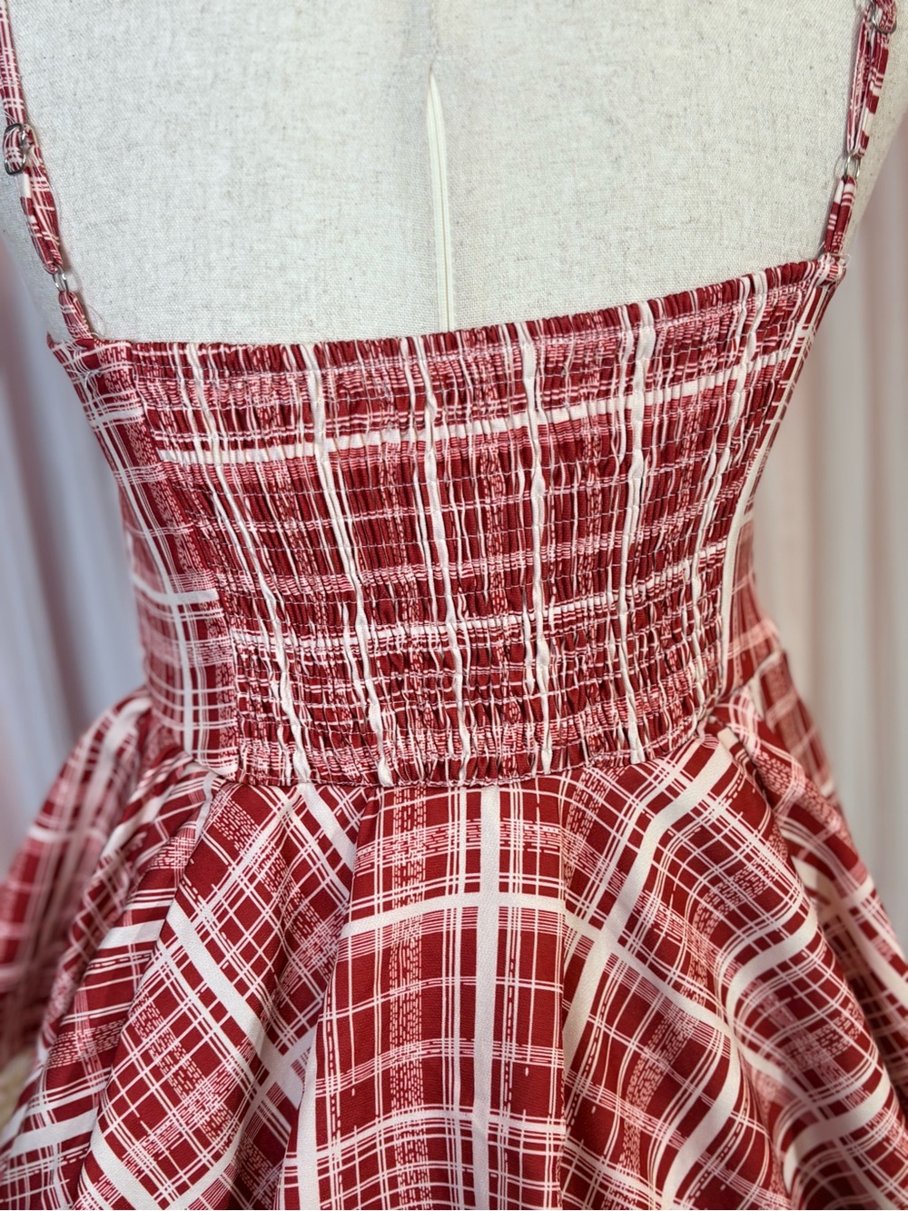 Red Plaid Lace Tiered Cottagecore Coquette Mini Dress Size M - Picture 11 of 16
